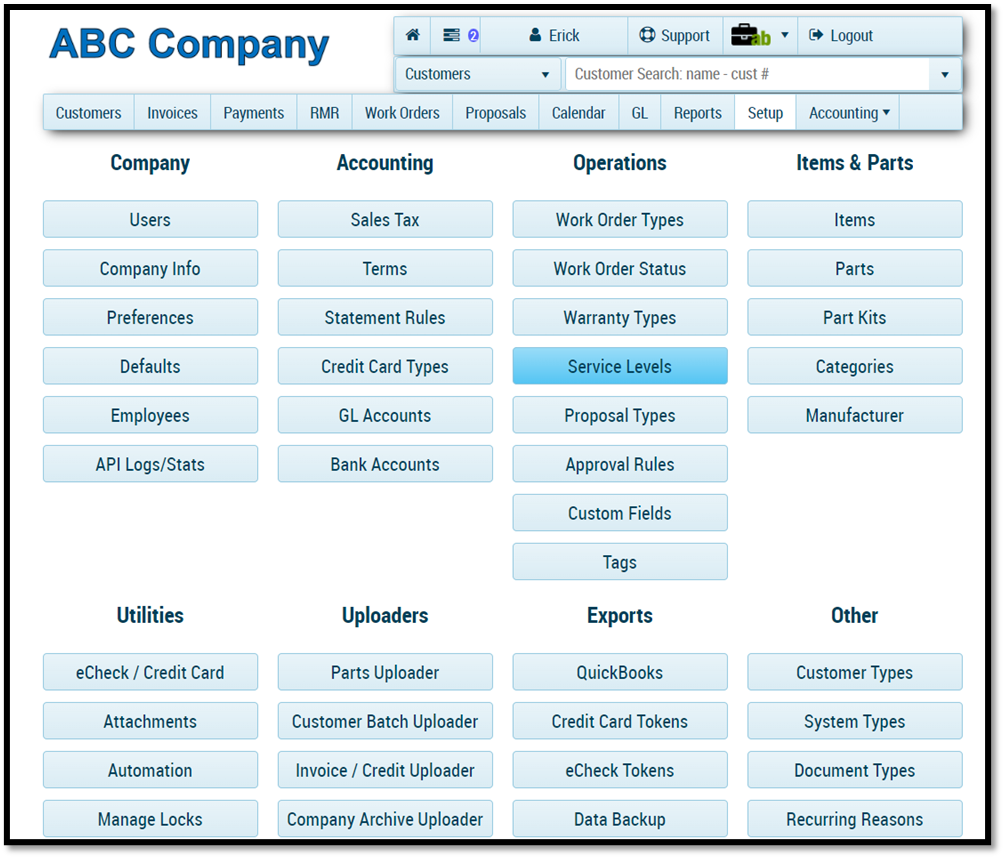 AlarmBiller Setup dashboard