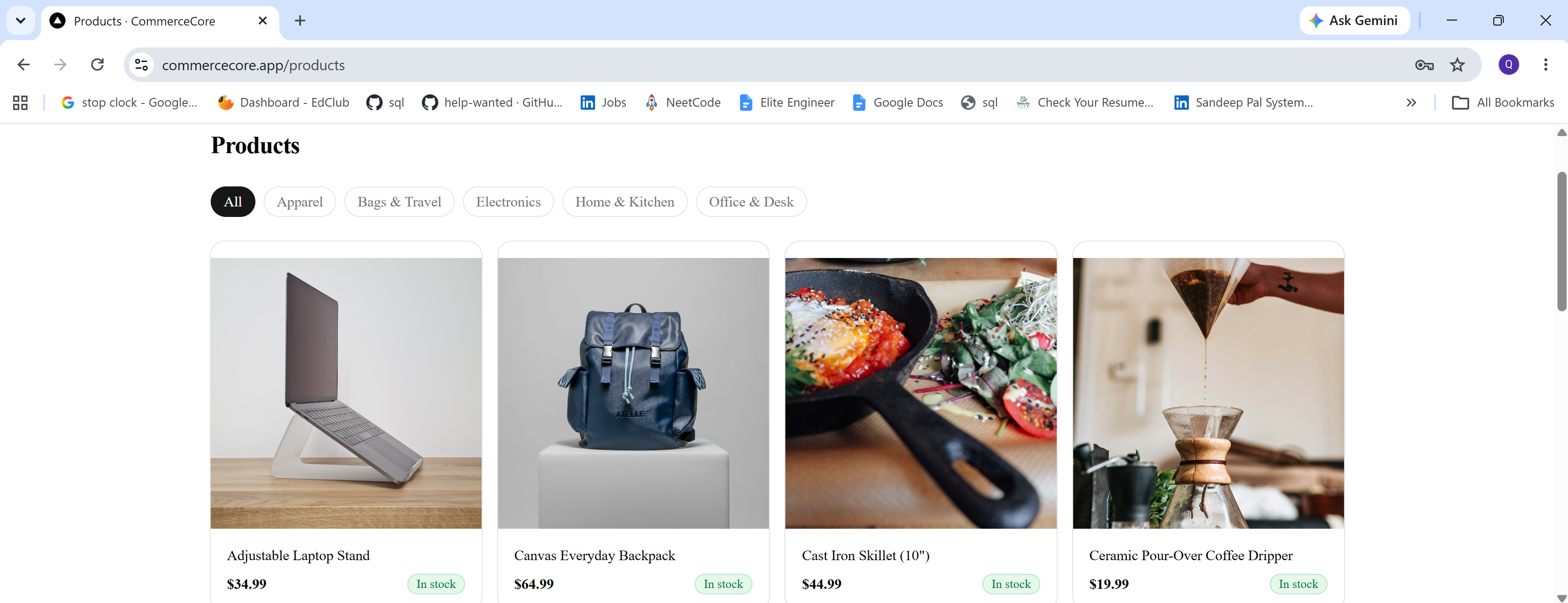 CommerceCore product catalog page with category filters