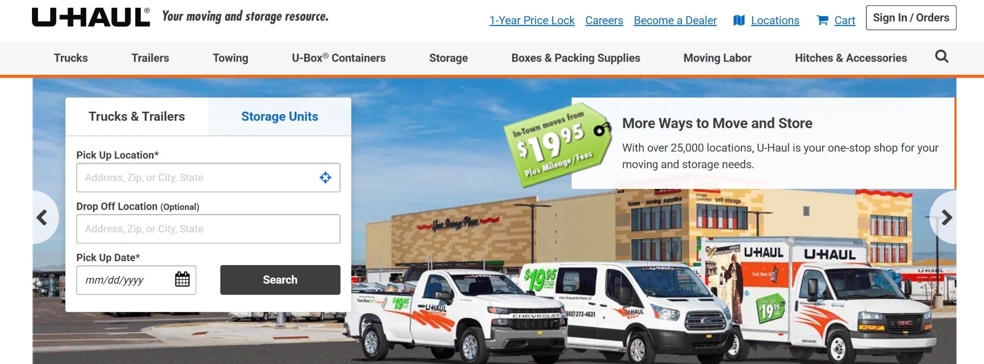 U-Haul homepage with truck rental search